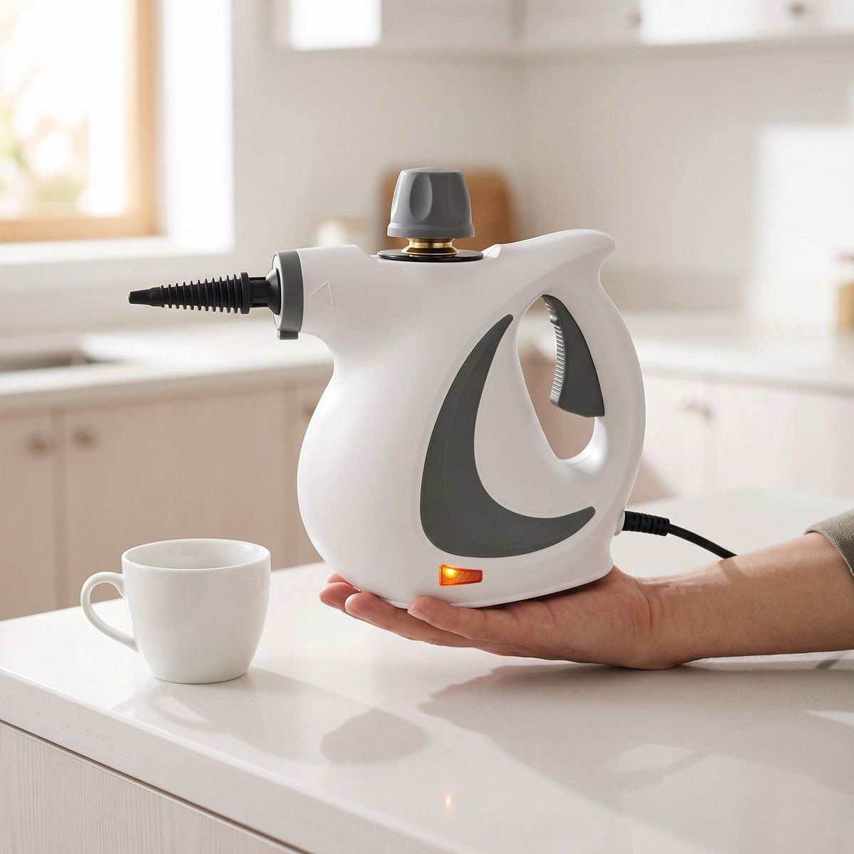 EasyDampf in der Hand, im Größenvergleich mit einer Kaffeetasse
